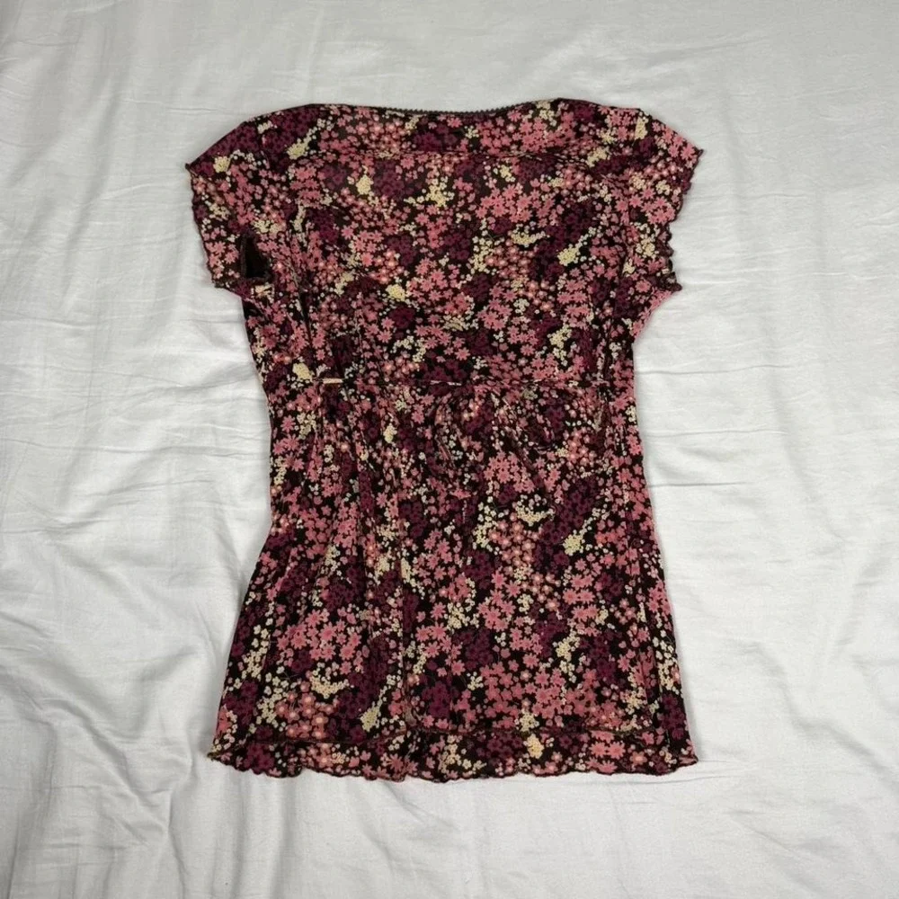 Vintage y2k Self Esteem pink/red floral babydoll short sleeve tie back top - Picture 5 of 6